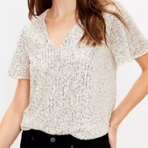 Loft Beige Tan Ivory Sequin Short Sleeve Party Top Shirt Women's Size Medium
